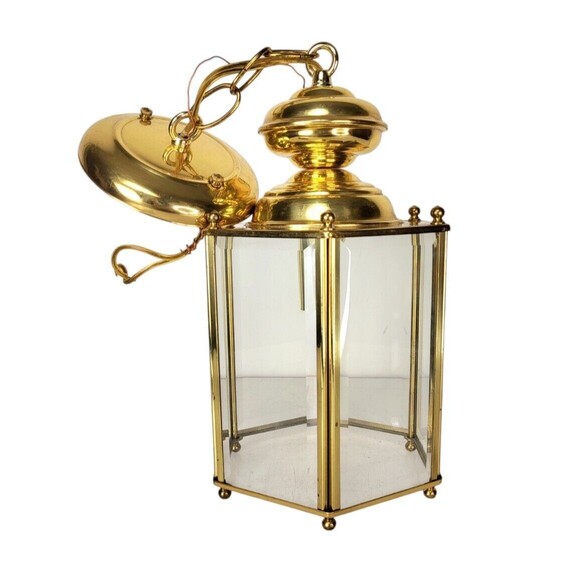 Vintage Brass & Glass Hexagon Regency Pendant Entryway Hanging Light Fixture - Picture 5 of 9